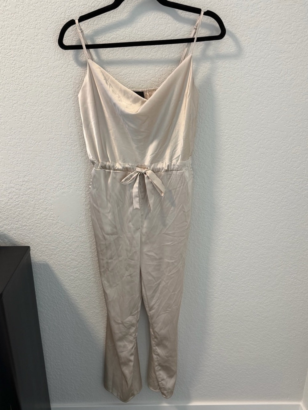 Kittenish Cream Satin Cowl-Neck Jumpsuit with Tie Waist